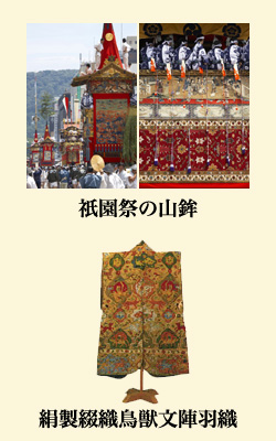 祇園祭の山鉾と絹製綴織鳥獣文陣羽織